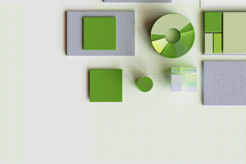  3D render of sheets and abstract geometric charts