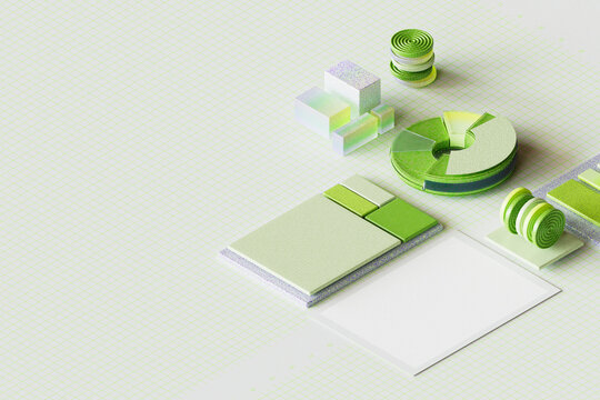  Minimal 3D render of sheets and charts in green and white