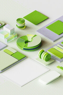  Isometric 3D render of abstract green and white charts
