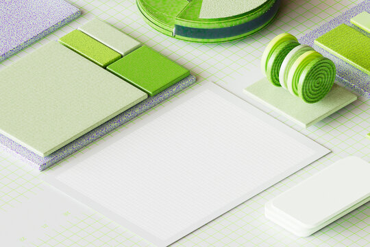  3D render of abstract graphic layout in green and white