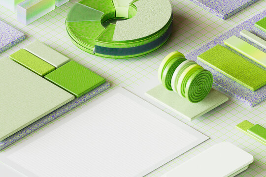  Minimal green and white 3D render of charts and sheets