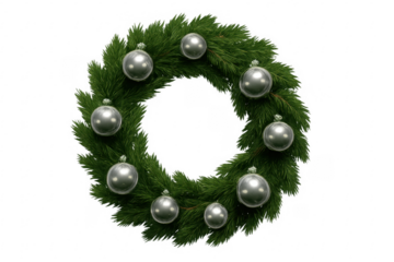 Christmas wreath with silver baubles on transparent background