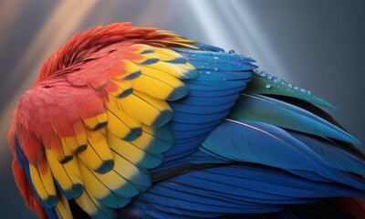 Fototapeta premium Close-up view of a vibrant parrot's back feathers, showcasing a mix of red, yellow, and blue hues. Water droplets are visible on the plumage