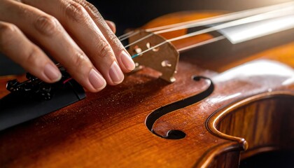 Fototapeta premium Closeup Violinists hand plucking strings on wooden violin.