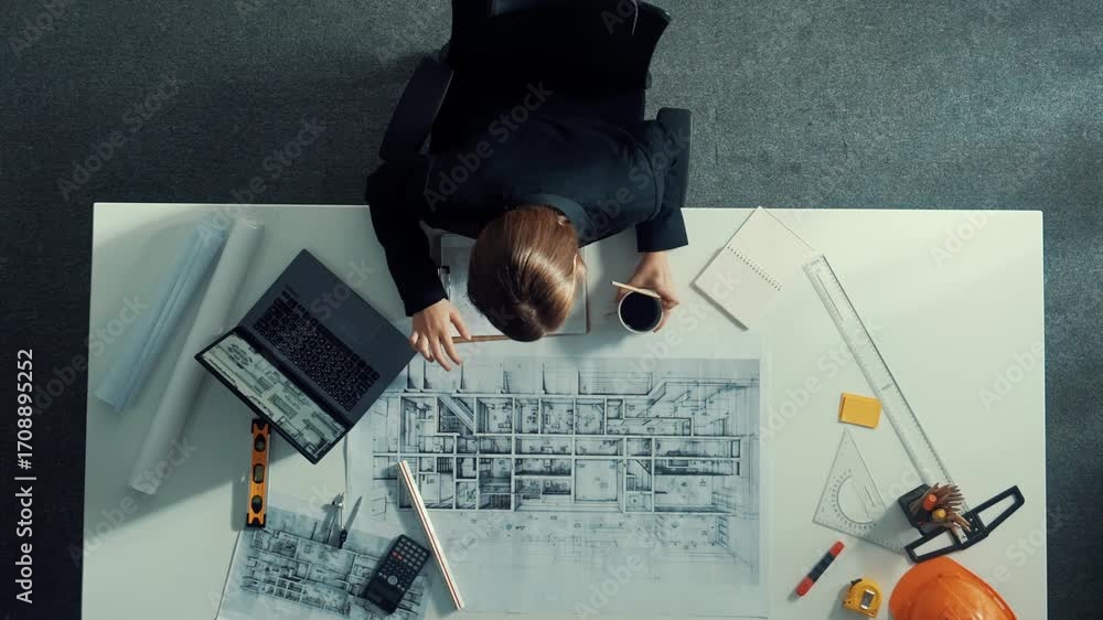 Poster Aerial view of architect drawing while working at laptop. Top down view of caucasian engineer designing blueprint and drafting house model at table with equipment and safety helmet. Alimentation.