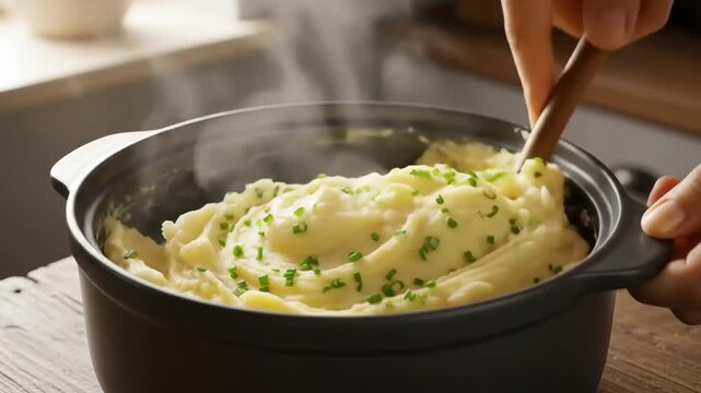 Close-up shot of creamy mashed potatoes in a black pot, garnished with fresh chives.