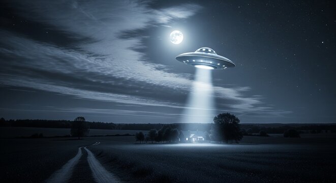 Silver UFO hovering above moonlit grassy field with glowing light beam on house under mysterious starry night sky