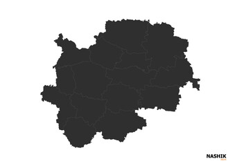 A black silhouette vector map of Nashik, featuring clear outlines of the city's boundaries and key geographical features.