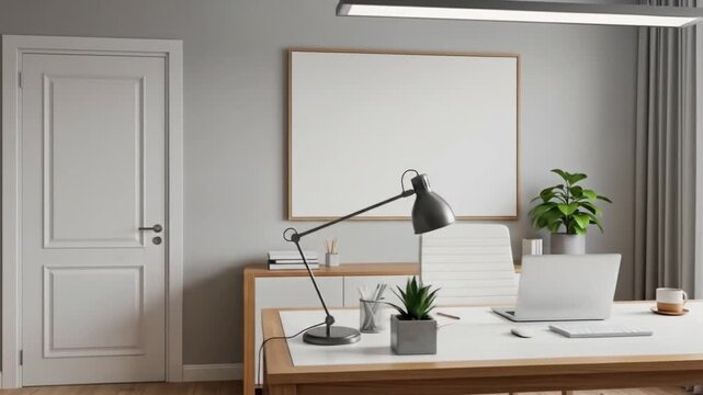 Modern minimalist office setup with laptop and desk lamp, ready for productive work sessions.