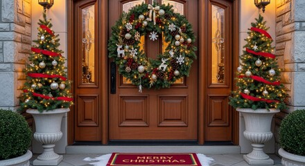 Fototapeta premium Christmas Decor: Front Door with Wreath and Trees