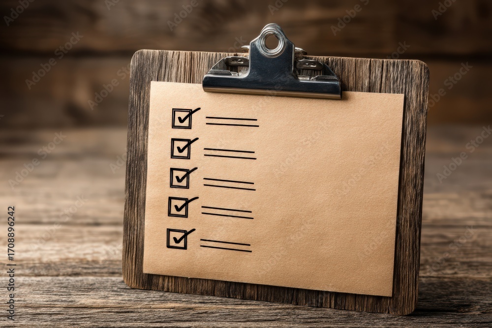 Aufkleber essential task checklist on a rustic clipboard emphasizing productivity and organization with a warm