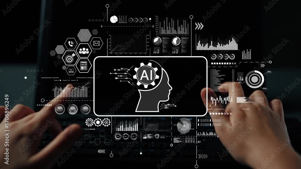 Poster hands typing on laptop with ai graphics and data visualizations in modern office environment. asympt