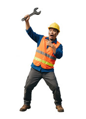 Surprised construction worker in safety gear holds a large wrench and points, portraying unexpected findings or solutions. Isolated on white for versatile use.