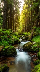 Forest stream flowing through mossy rocks
