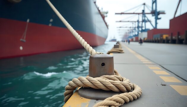 Thick mooring ropes tied around a bollard, securing a large ship to the dock in a bustling industrial harbor, created with generative ai