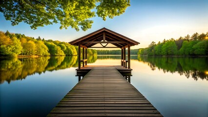 Fototapeta premium Wooden dock and gazebo on a calm lake at sunset