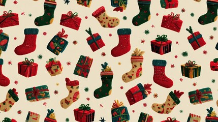 Festive Christmas Pattern with Gifts and Stockings