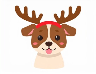 Fototapeta premium Cute Dog Wearing Reindeer Antlers Cartoon Illustration. Cartoon style flat illustration of a small dog wearing reindeer antlers headband on white background. Perfect for holiday and Christmas designs.