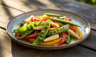 Colorful vegetable salad on a plate, outdoor setting