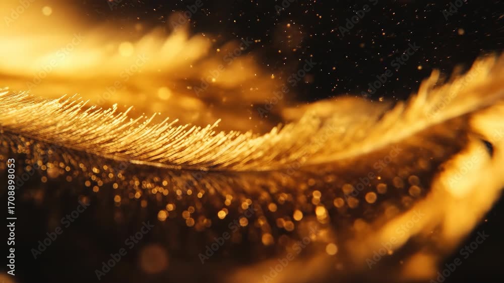 Poster golden feather with bokeh highlights against a dark background