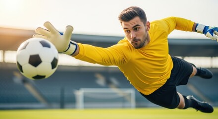 Fototapeta premium Soccer goalkeeper diving to save a soccer ball during a match.