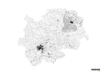 A clean black and white vector map of Nashik’s highway system and major road networks for navigation and design.
