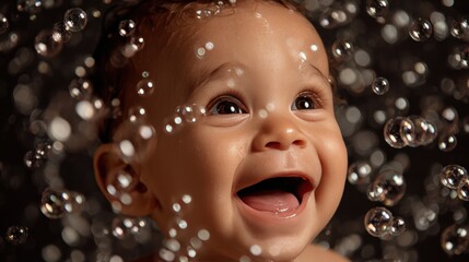 Happy baby surrounded by bubbles, laughing with joy and looking up.
