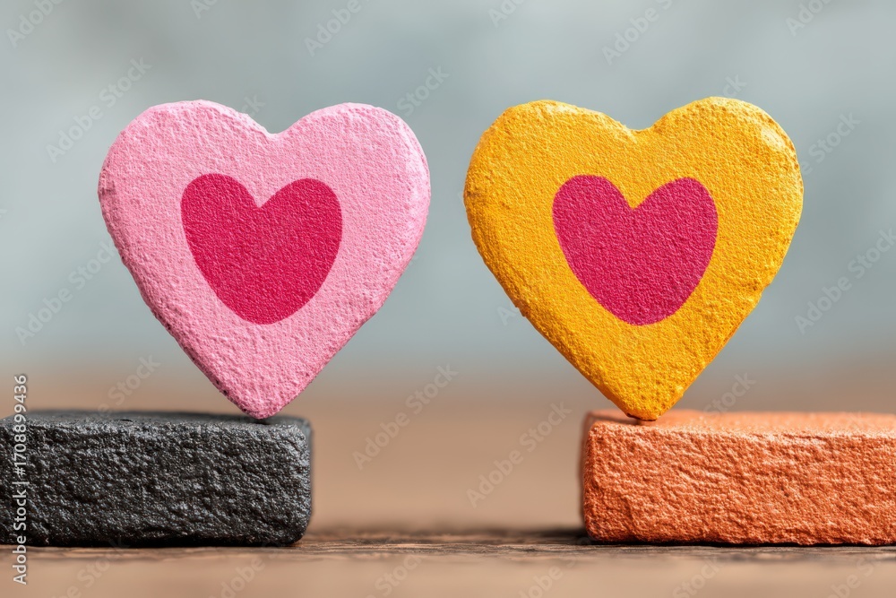 Poster colorful heart-shaped blocks expressing emotion stand on contrasting bases symbolizing friendship an