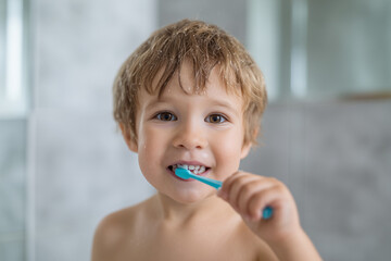 Boy Brushing Teeth After Shower in Bathroom with Wet Hair and Bright Smile Showing Happy Morning Hygiene Routine