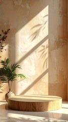 Empty wooden podium in sunlit room
