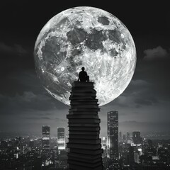 Obraz na płótnie Canvas Man sits on books with moon and city view. Dream.