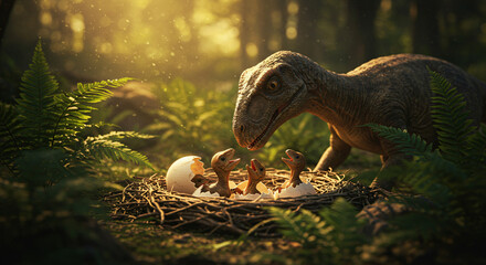 A tender moment as a mother dinosaur watches her newly hatched babies in a sunlit prehistoric forest nest