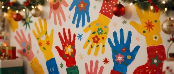 Colorful Handprints Festive Christmas Holiday Background for Charity and Community Social Media Post
