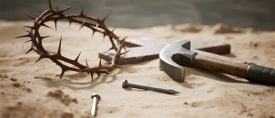 Crown of Thorns, Hammer, Nails, and Wood Cross on Sand; Religious Easter, Good Friday, Lent, or Crucifixion Concept for Website, Book Cover, or Social Media
