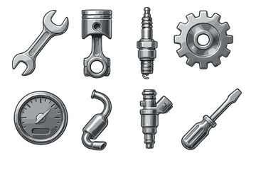 Mechanical tools silhouette icon set. featuring wrench, piston, spark plug, gear, gauge, exhaust, fuel injector, and screwdriver