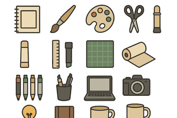 Art supplies flat icon set. featuring notebook, paintbrush, palette, scissors, ruler, camera, and laptop