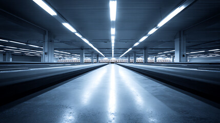 Empty underground parking garage with illuminated fluorescent lights and reflective floor