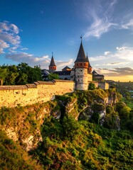 Fortress on a cliff at sunset