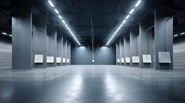 Empty indoor shooting range with targets and fluorescent lighting
