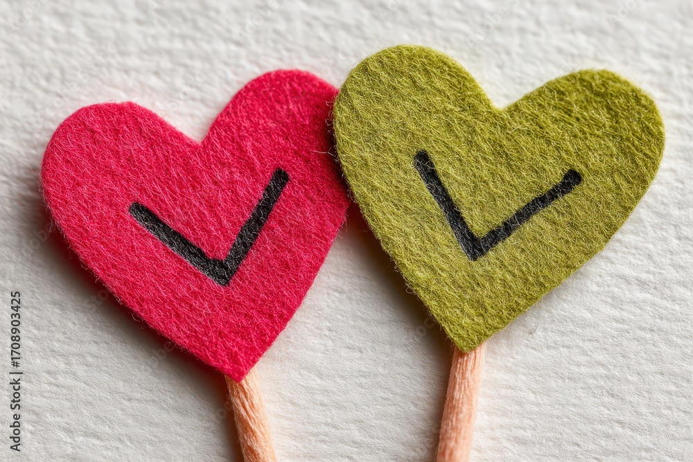 Poster soft felt hearts in red and green with check marks symbolizing love acceptance values and relationsh