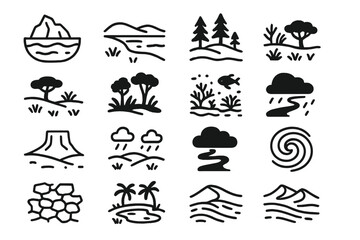 Nature landscape silhouette icon set. featuring mountain, river, forest, tree, island, rain, and desert symbols