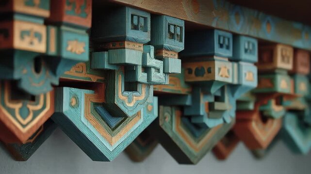 Exquisite Korean architectural eaves carving with vibrant colors