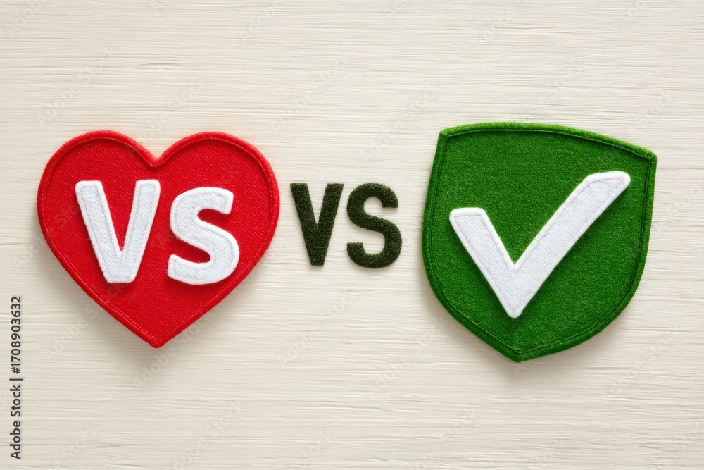Poster the contrast of emotional states represented by red heart symbol and green checkmark signifying love