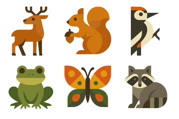 Woodland animals flat icon set. featuring deer, squirrel, woodpecker, frog, butterfly, raccoon