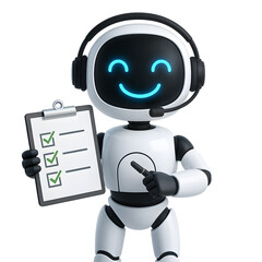 Robot assistant holding a clipboard with green check marks and pen, neon blue smiling face with headset, friendly chatbot mascot for checklist approval QA compliance and task management UX UI