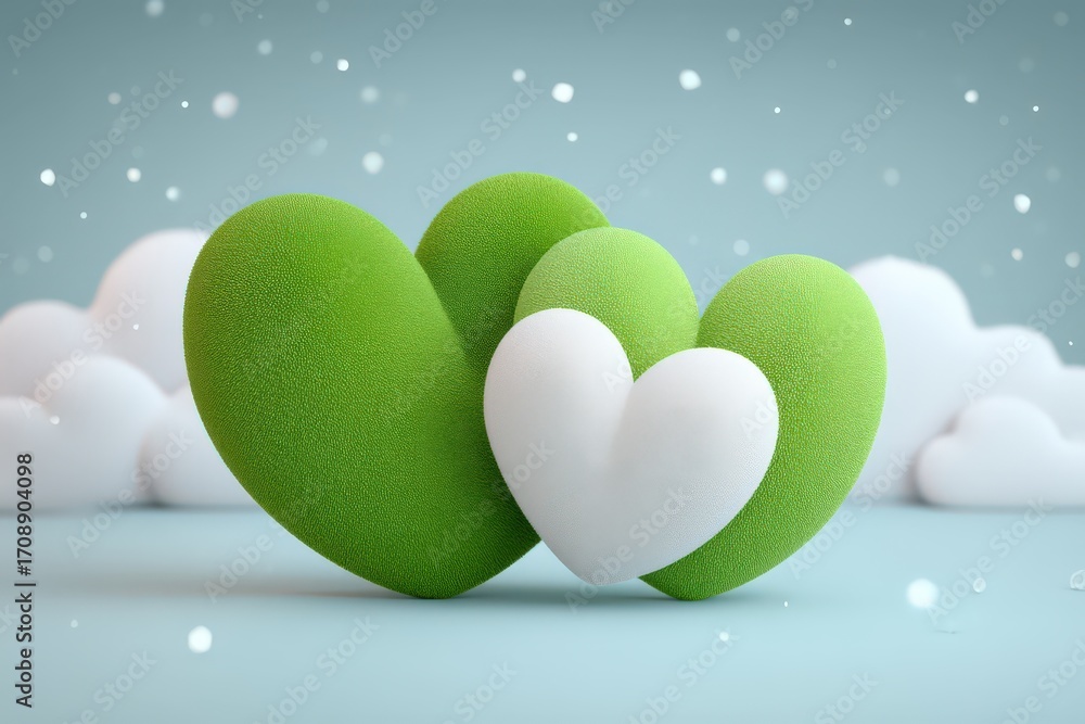 Poster three abstract hearts in fresh green and white tones resting against a soft cloudy backdrop, symboli