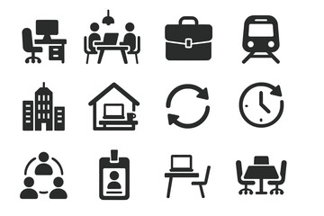 Office and commute silhouette icons set. featuring desk, meeting, briefcase, train, building, house, sync, clock, team, badge