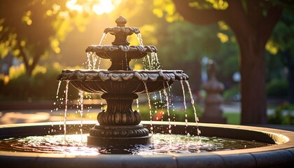 Fountain in a park at sunset