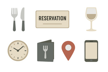 Fototapeta premium Restaurant linear icon set. featuring reservation, wine glass, cutlery, clock, menu, location, and smartphone symbols
