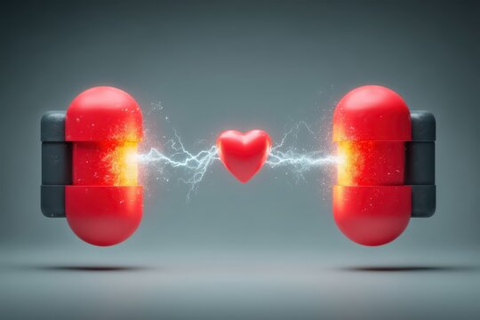 An electrifying connection between vibrant red capsules and a glowing heart symbolizing love and energy exemplifying the intersection of passion and vitality captured with clarity